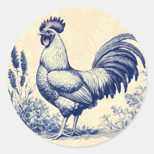 Adesivo Redondo Vintage Blue Rooster em um Jardim Floral