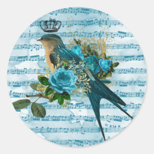 Adesivo Redondo Vintage Blue Song Bird on Sheet Music 