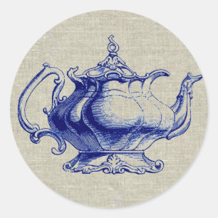 Adesivo Redondo Vintage Blue Victorian Teapot Design Tea Lover
