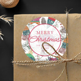 Adesivo Redondo Vintage Botânico Vermelho Feliz Natal