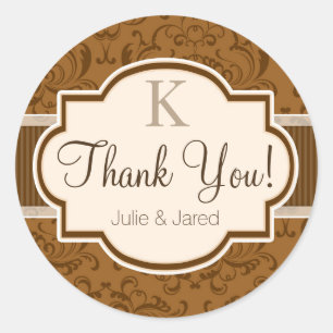 Adesivo Redondo Vintage Brown Damask Obrigado