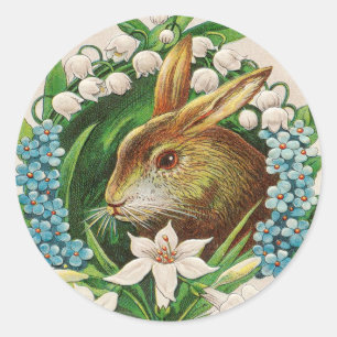 Adesivo Redondo Vintage Bunny Floral Wreath Páscoa Saudações