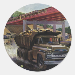 Adesivo Redondo Vintage Business Dump Truck em um local de constru