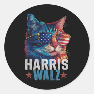 Adesivo Redondo Vintage Cat Kamala Harris Tim Wheimer Usa Flag Sun