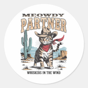 Adesivo Redondo Vintage Cat Meowdy Partner Cowboy Presente Para Ho
