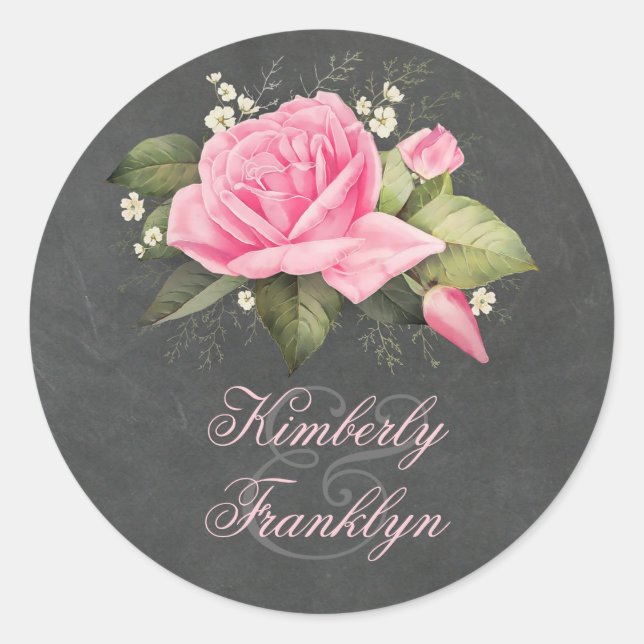 Adesivo Redondo Vintage Chalkboard Pink Rose Wedding (Frente)
