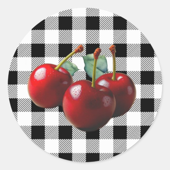 Adesivo Redondo Vintage Cherries black white gingham (Frente)