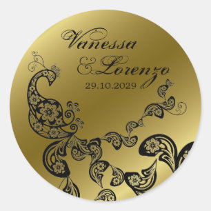 Adesivo Redondo Vintage Chic Floral Black Peacock Bohemian Casamen