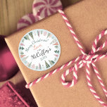 Adesivo Redondo Vintage Chic Merry Christmas Trees BLUE & Green<br><div class="desc">Este natal vintage do Círculo das Árvores com "Feliz Natal! Love, The [Family Name], and year, apresenta o tradicional design verde-rosa-rosado e-sábio com fundo azul de gelo, e é o perfeito adesivo de inverno maravilhoso para adicionar aos seus envelopes de cartão, sacos-presente, caixas de biscoitos, presentes embalados nesta temporada de...</div>