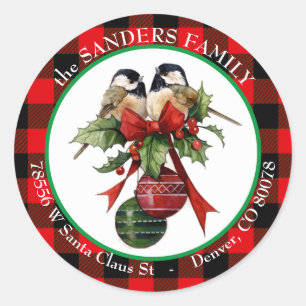 Adesivo Redondo Vintage Chickadee Holly Christmas Return Endereço