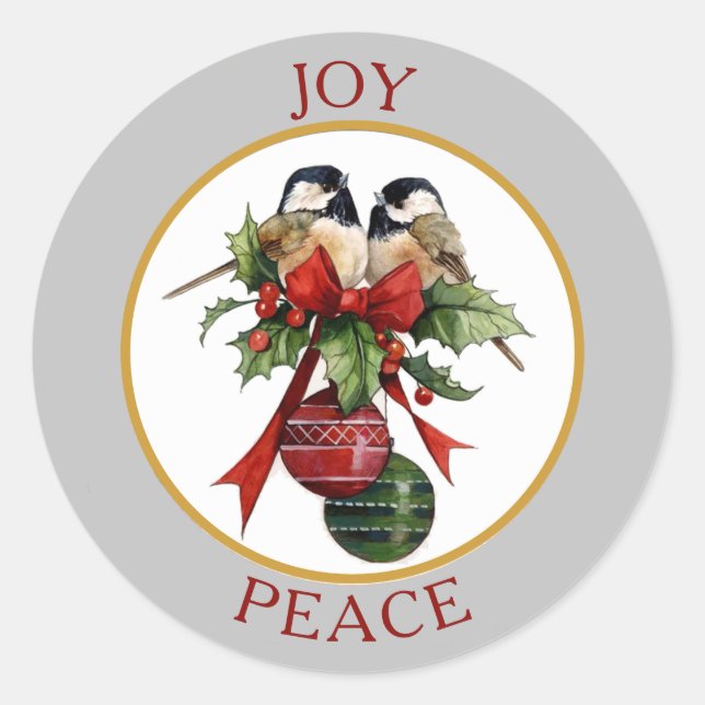 Adesivo Redondo Vintage Chickadee Joy Peace Christmas (Frente)