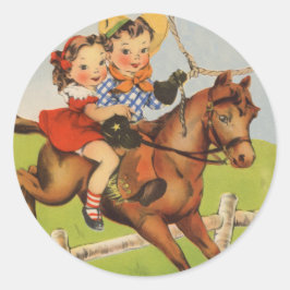 Adesivo Redondo Vintage Children Riding a Horse Tocando Cowboys