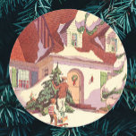 Adesivo Redondo Vintage Christmas, Family House in the Snow<br><div class="desc">Vintage illustration Merry Christmas holiday design featuring a house covered in winter snow. A father and son are hanging Christmas lights on a tree in the front yard. The boy is playing with his toy sled or toboggan.</div>