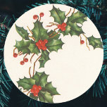 Adesivo Redondo Vintage Christmas, Holly Plant with Red Berries<br><div class="desc">Vintage illustration Christmas holiday plant nature design featuring a traditional floral tree branch with holly leaves and red berries. Victorian era botanical plants. Season's Greetings,  Happy Holidays and Merry Christmas!</div>