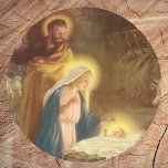 Adesivo Redondo Vintage Christmas Nativity, Mary Joseph Baby Jesus<br><div class="desc">Vintage illustration religious Christmas holiday image featuring a classic nativity. A Christian religion family scene with Mary,  Joseph and the infant Jesus Christ in the Manger in Bethlehem. Artist: Hy Hintermeister.</div>