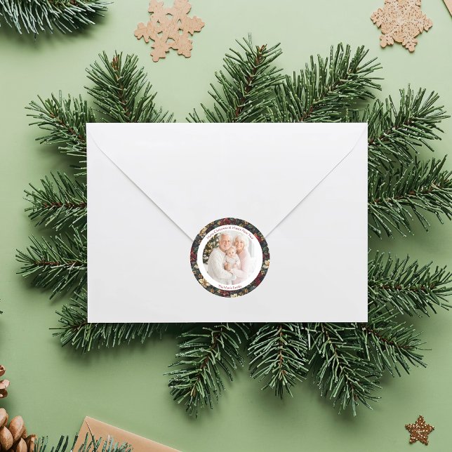 Adesivo Redondo Vintage Christmas Poinsettias (Vintage Christmas Poinsettias Classic Round Sticker)