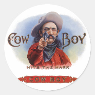 Adesivo Redondo Vintage Cigar Label Art, Cowboy bate a marca