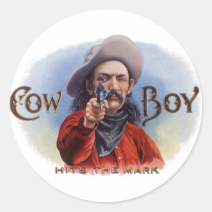 Adesivo Redondo Vintage Cigar Label Art, Cowboy bate a marca
