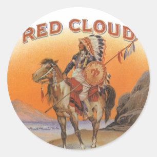 Adesivo Redondo Vintage Cigar Label Art, Red Cloud Indian on Horse