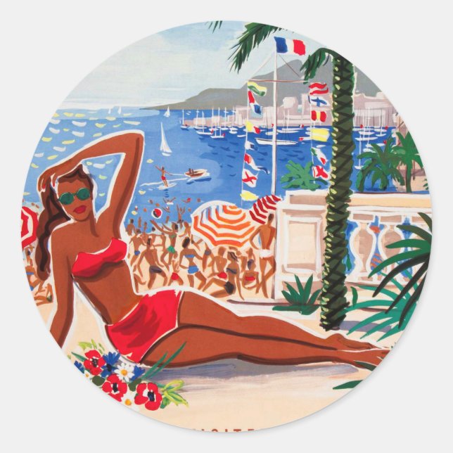 Adesivo Redondo Vintage Cote D'Azur Beach Girl (Frente)