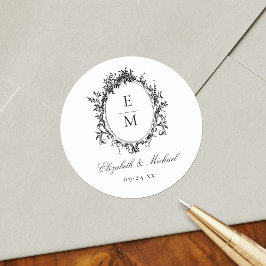 Adesivo Redondo Vintage Crest Monograma Formal Casamento Botânico