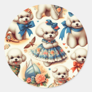 Adesivo Redondo Vintage Cute Bichon Frisé Painting
