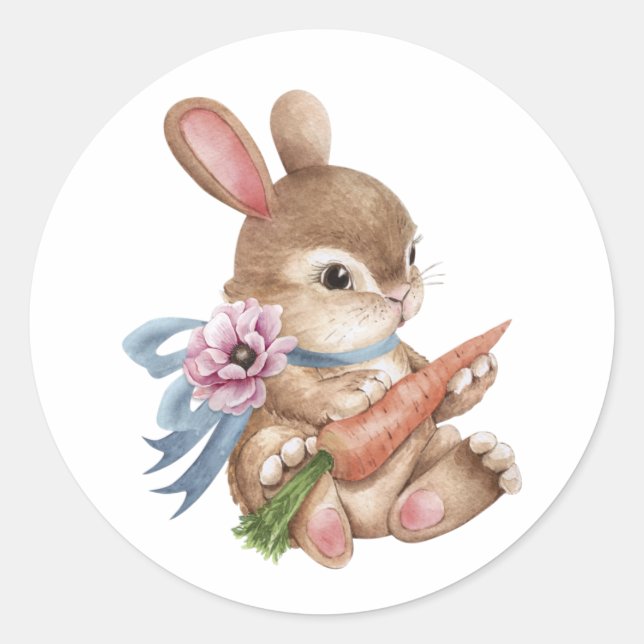 Adesivo Redondo Vintage Cute Easter Bunny com Cenoura (Frente)