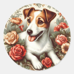 Adesivo Redondo Vintage Cute Jack Russell Terrier Floral