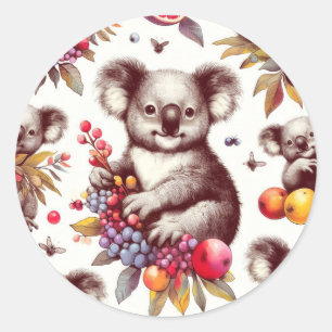 Adesivo Redondo Vintage Cute Koala Painting Sem Fios