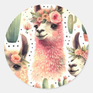 Adesivo Redondo Vintage Cute Llama Watercolor