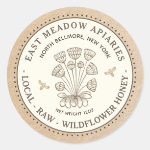 Adesivo Redondo Vintage Daisy Flower Bee Honey Label Kraft Border