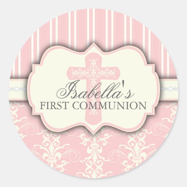 Adesivo Redondo Vintage Damask First Communker (Frente)