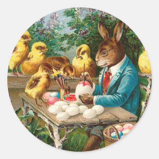 Adesivo Redondo Vintage de Ovos de Páscoa com Pintura de Coelhinho
