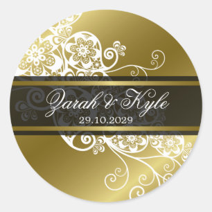 Adesivo Redondo Vintage, Elegante Dourado, Favor do Casamento de P