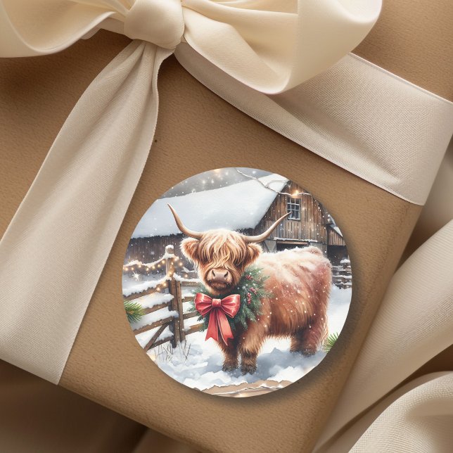 Adesivo Redondo Vintage Fazenda e Highland Cow Christmas (Criador carregado)