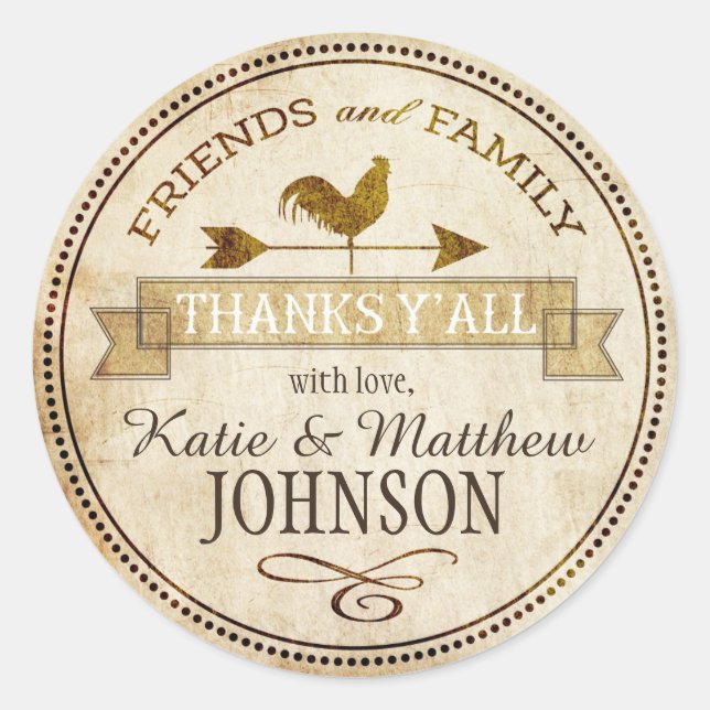 Adesivo Redondo Vintage Fazenda Rooster Weather Vane Obrigado (Frente)