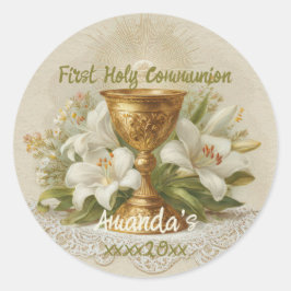 Adesivo Redondo Vintage First Holy Communion Chalice White Lilies