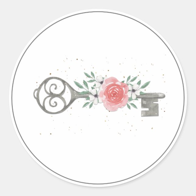 Adesivo Redondo Vintage Floral Chave New Home (Frente)