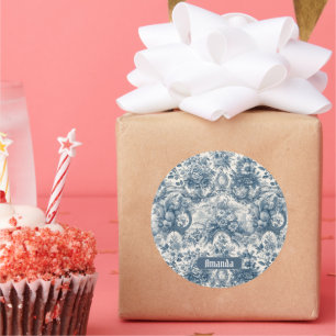 Adesivo Redondo Vintage floral Toile de jouy monograma azul