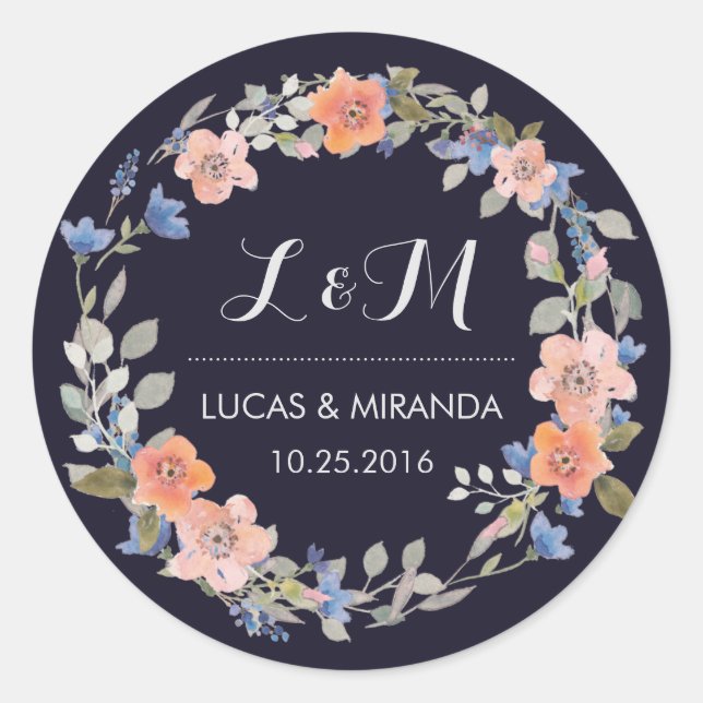 Adesivo Redondo Vintage Floral Wreath Weding Monograma Sticker (Frente)
