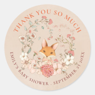 Adesivo Redondo Vintage Fox Florals Obrigado Chá de fraldas Peach