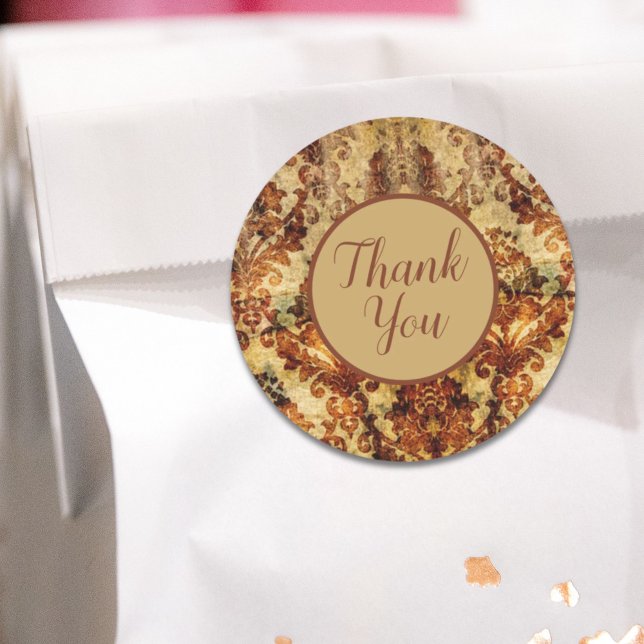 Adesivo Redondo Vintage French Autumn Brown Damask Obrigado (Vintage French Autumn Brown Damask Thank you Classic Round Sticker)