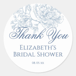 Adesivo Redondo Vintage French Blue Floral Toile Script Obrigado