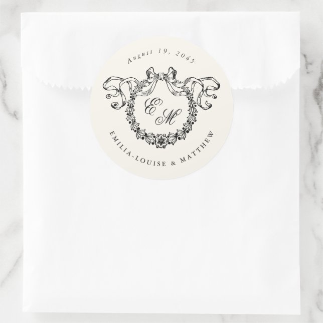 Adesivo Redondo Vintage French Monogram Wreath Elegant Wedding (Bolsa)
