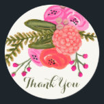 Adesivo Redondo Vintage Garden Obrigado Pinheiros<br><div class="desc">Mão pintada de design floral vermelho e rosa por Shelby Allison. Perfeito para um casamento de primavera rústico! Para fazer a correspondência de convites,  cartões de resposta,  adesivos e outros itens,  clique no link abaixo para visualizar toda a Coleção de Jardins Vintage.</div>