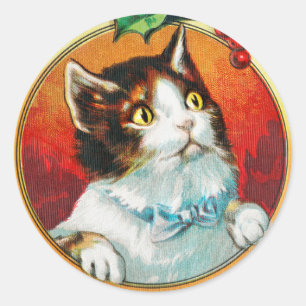 Adesivo Redondo Vintage Gato Bonito te desejando um Feliz Natal