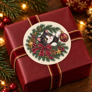 Adesivo Redondo Vintage Gato Smoking Natal