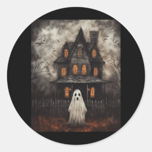 Adesivo Redondo Vintage Ghost Haunted House Midnight Halloween Gho