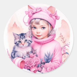 Adesivo Redondo Vintage Girl and Cinza Kitty Rosa e Natal