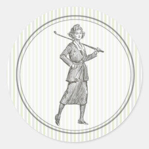 Adesivo Redondo Vintage Golf Sticker - Golfista Mulher